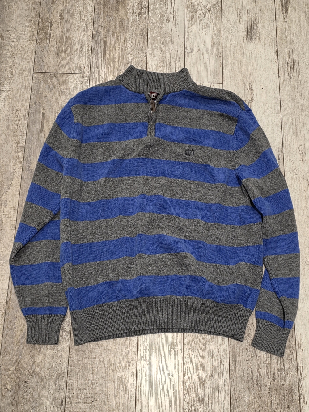 (L) Men's Chaps Ralph Lauren Quarter Zip Sweater Blue Gray Striped 100% Cotton